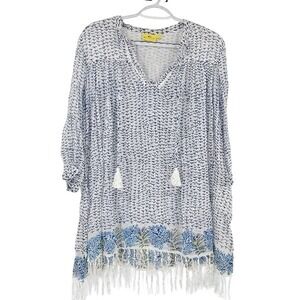 Roberta Roller Rabbit Womens Tunic Blouse Blue White Sheer Tassel V-neck Sz XS